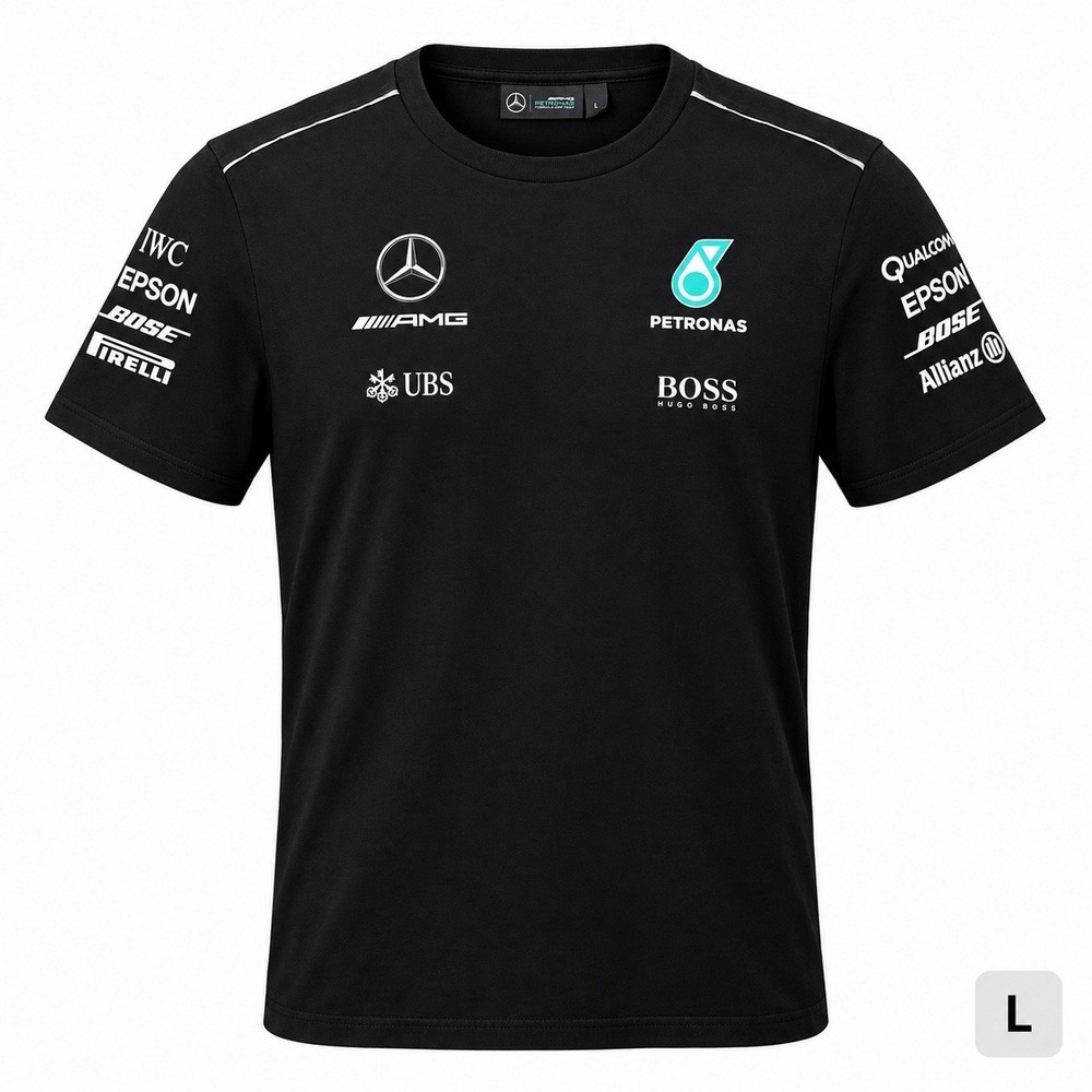 Mercedes AMG Petronas F1 Men's Large Black Formula One Team Sponsor T Shirt
